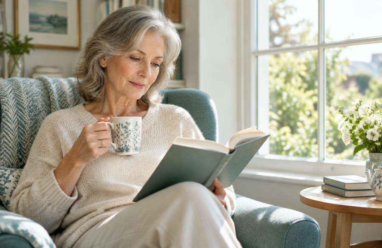 Woman enjoying a book with tea in a sunny room