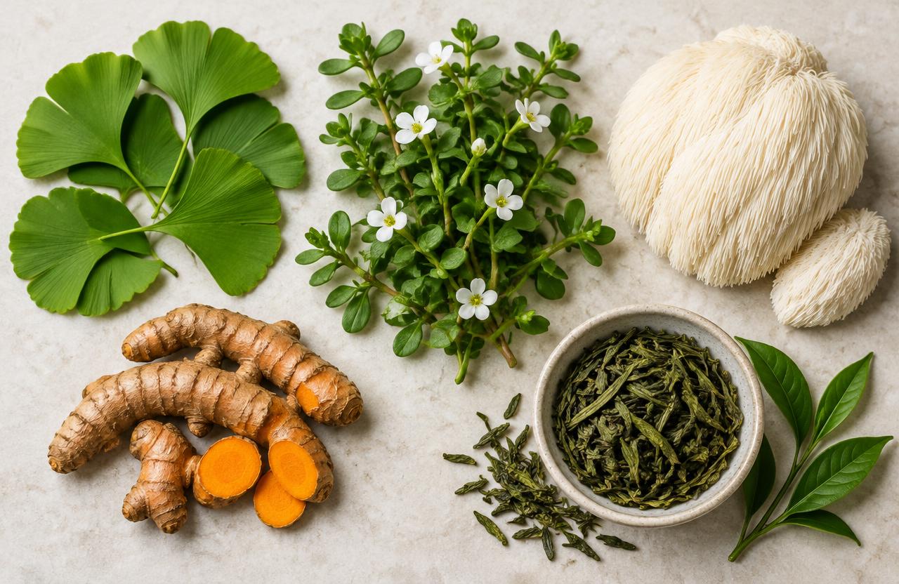 Natural brain-support ingredients: ginkgo, bacopa, lion's mane, turmeric and green tea