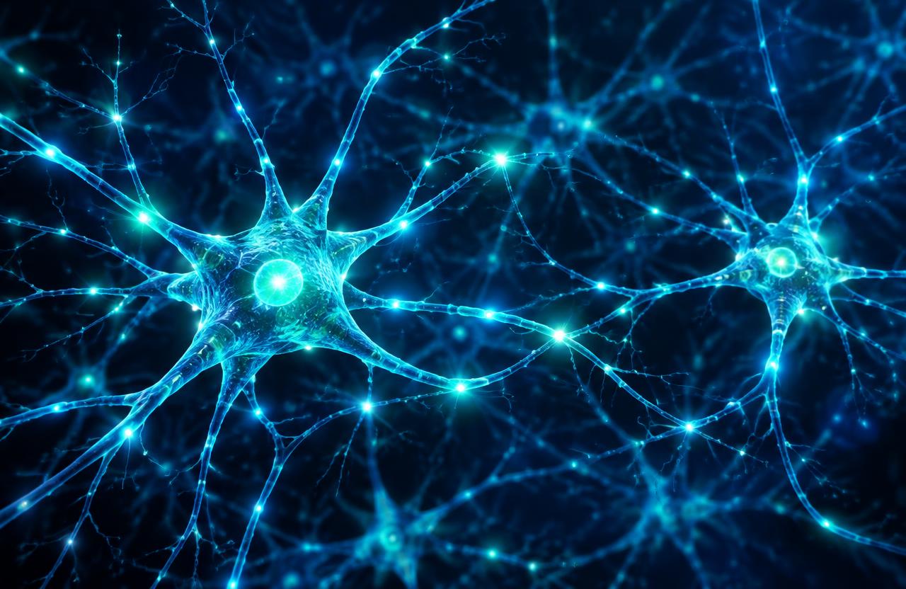 Illustration of brain neurons and synapses firing